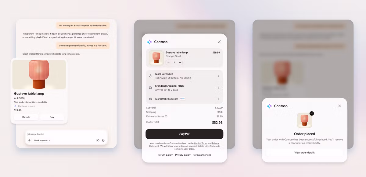Online shopping interface showing a Gustave table lamp purchase process, with cart and order confirmation screens. Text and orange lamp visible.