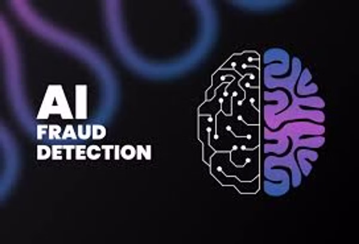 Graphic reading "AI Fraud Detection" beside a brain illustration, one half drawn as circuit traces and the other as pink and purple brain matter.