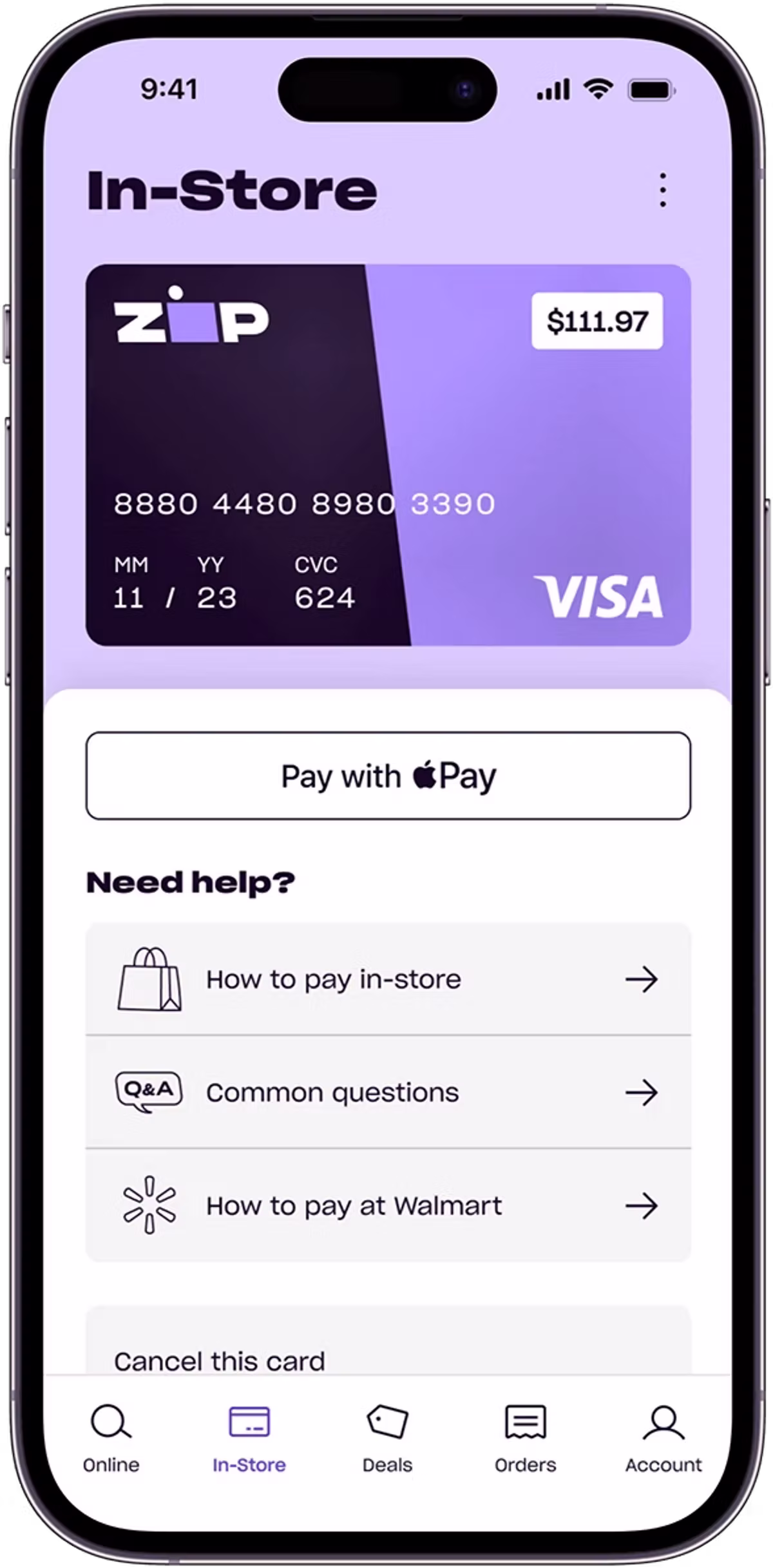 Purple-themed mobile app interface showing a Visa card with $111.97 balance, options for in-store payment help, and a navigation menu.