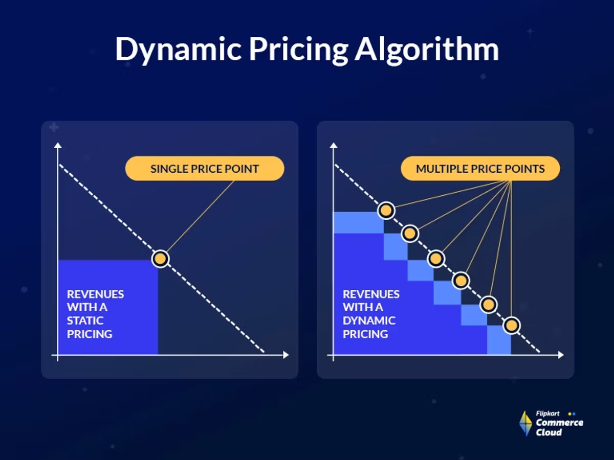 Graphs compare static and dynamic pricing algorithms. The static graph shows a single price point; the dynamic graph shows multiple points.