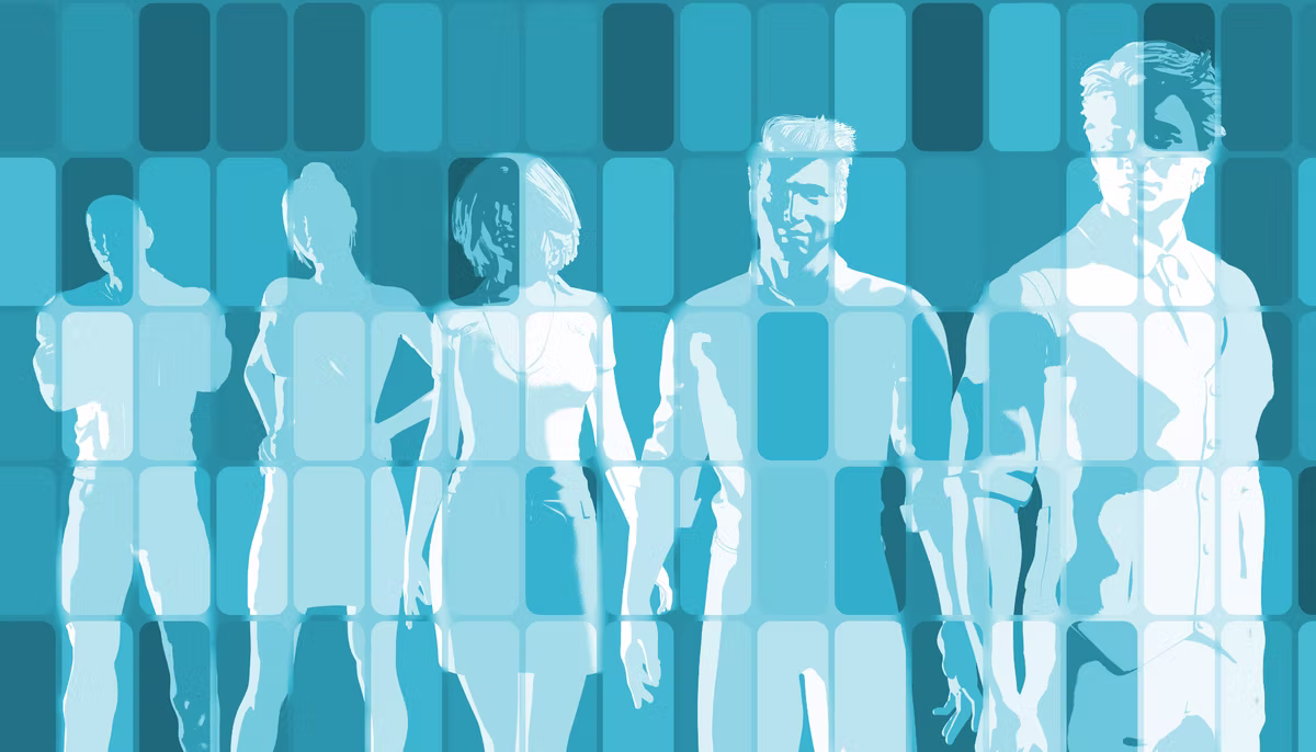 Stylised illustration of five people standing in a row, rendered in overlapping blue and teal rectangles.