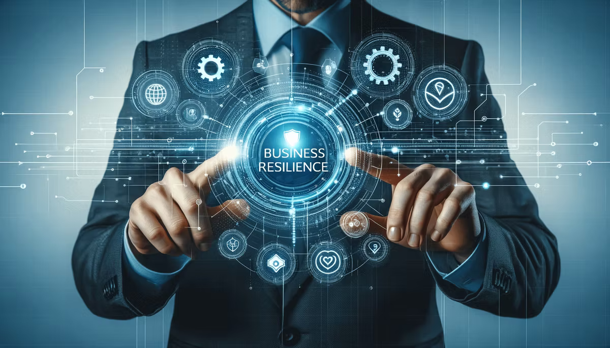 A person in a suit touches a glowing holographic dial labelled "Business Resilience", ringed by icons for settings, security, location and analytics.