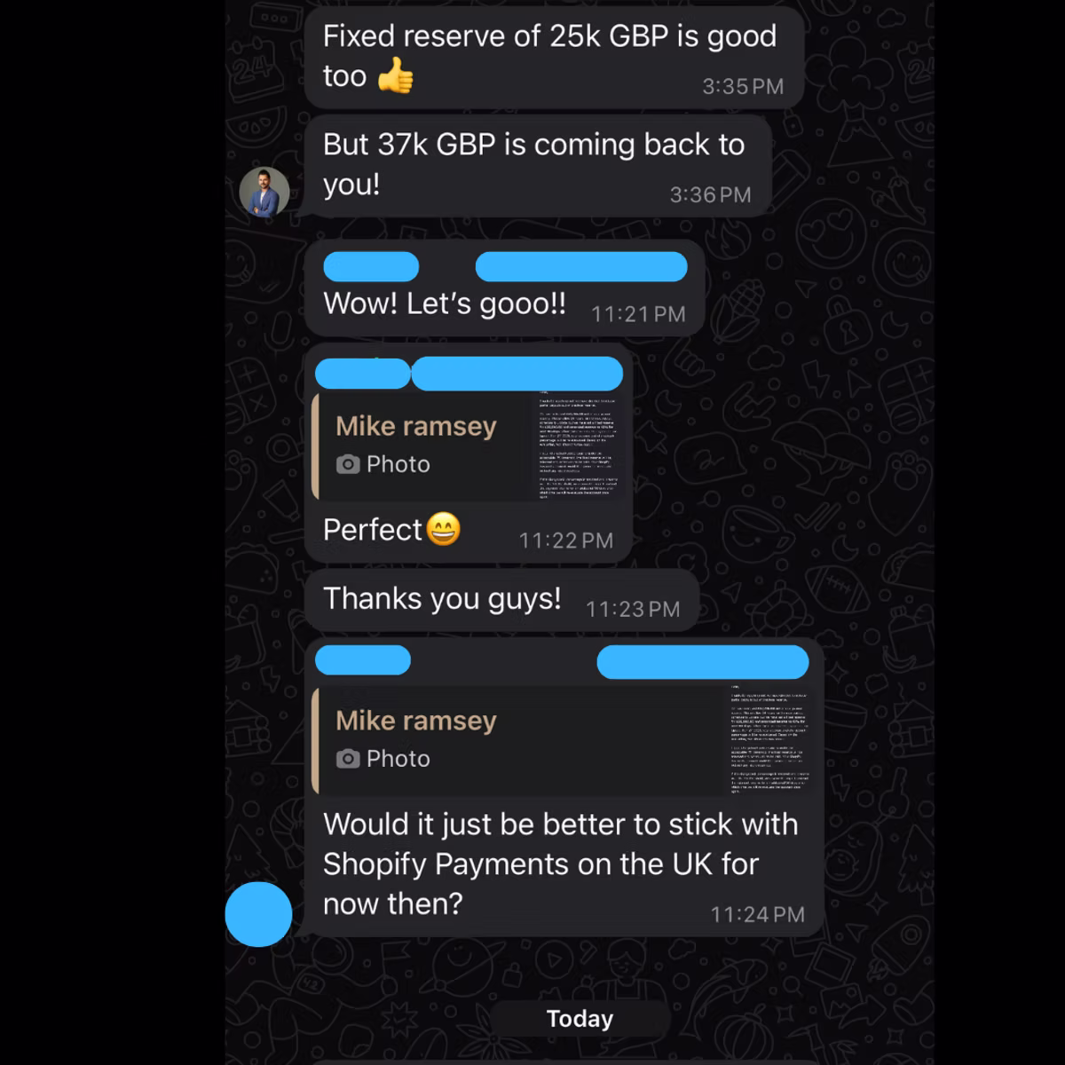 A chat thread in which Compaytence tells a merchant that a fixed reserve of 25k GBP is good and that 37k GBP is coming back to them. The merchant replies "Wow! Let's gooo!!", then "Perfect" and "Thanks you guys!", before asking whether it would be better to stick with Shopify Payments in the UK for now.