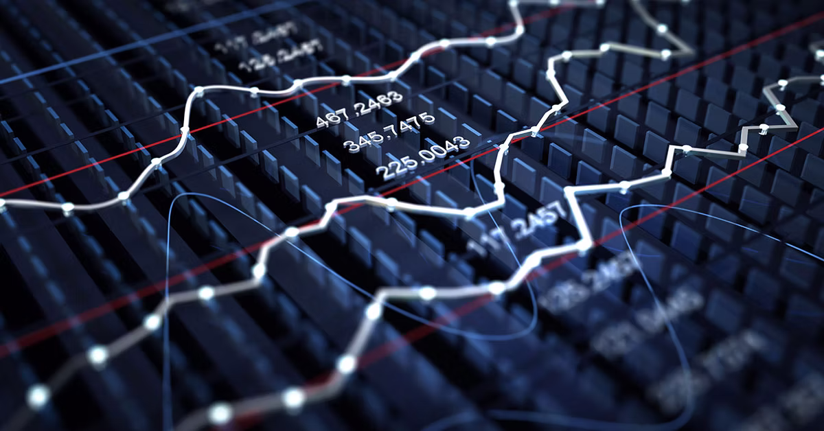 Abstract render of a jagged white line chart with node points, rising across a dark keyboard-like grid scattered with decimal figures.