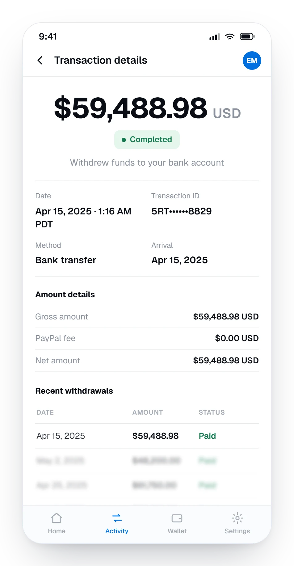 PayPal dashboard showing a completed $59,488.98 withdrawal to a bank account