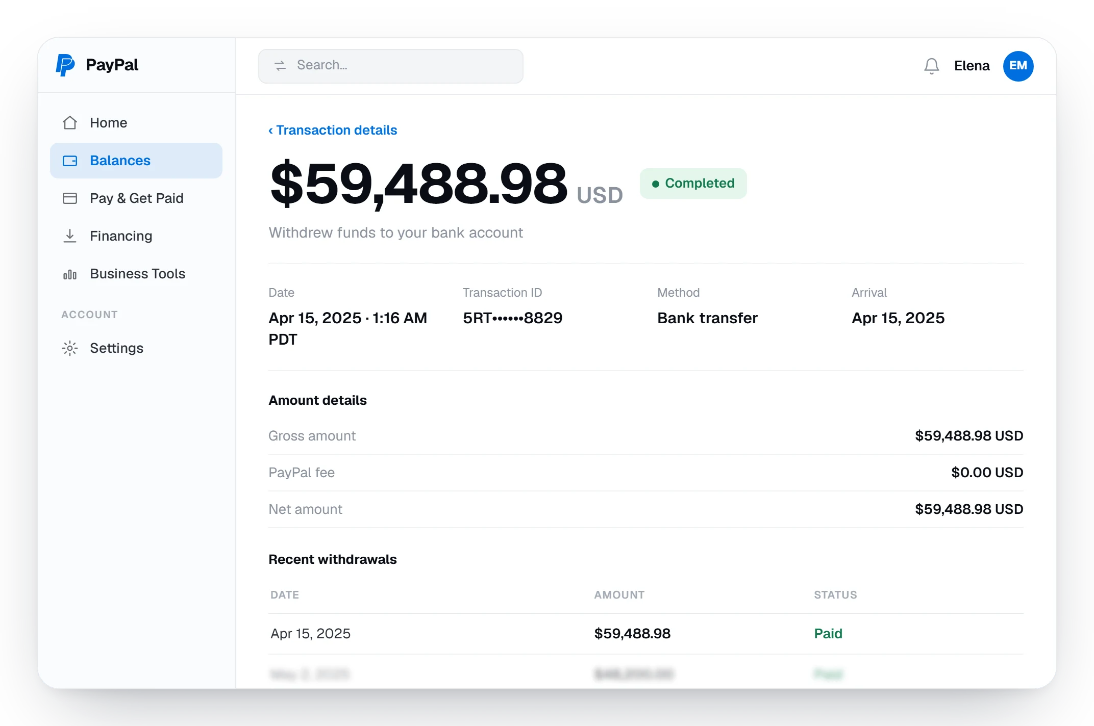 PayPal dashboard showing a completed $59,488.98 withdrawal to a bank account