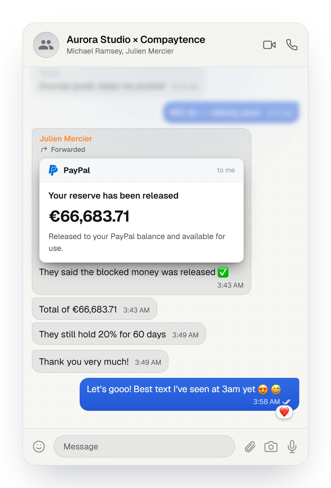Client chat: the blocked money was released, a total of €66,683.71