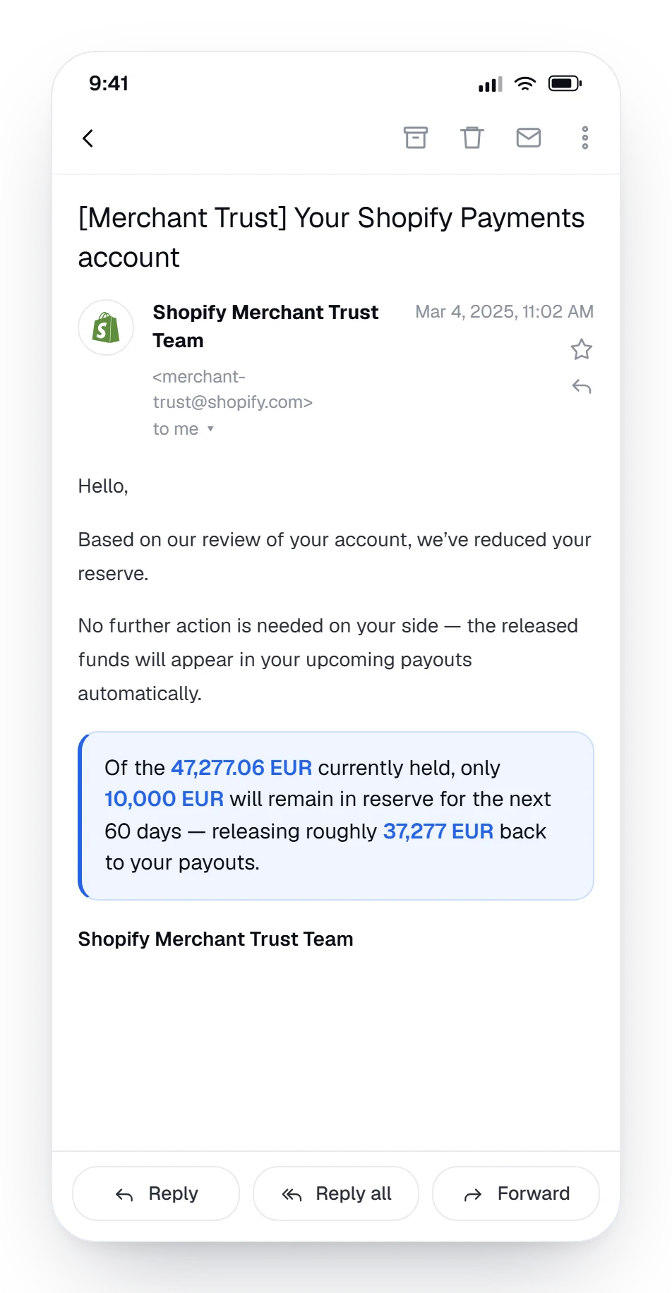 Shopify Merchant Trust email reducing the held reserve to 10,000 EUR
