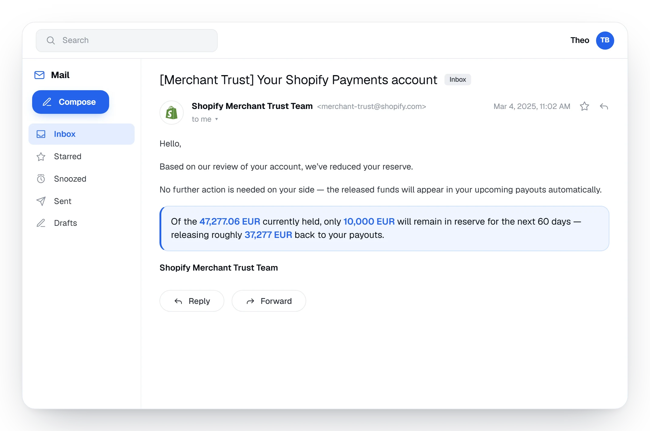 Shopify Merchant Trust email reducing the held reserve to 10,000 EUR
