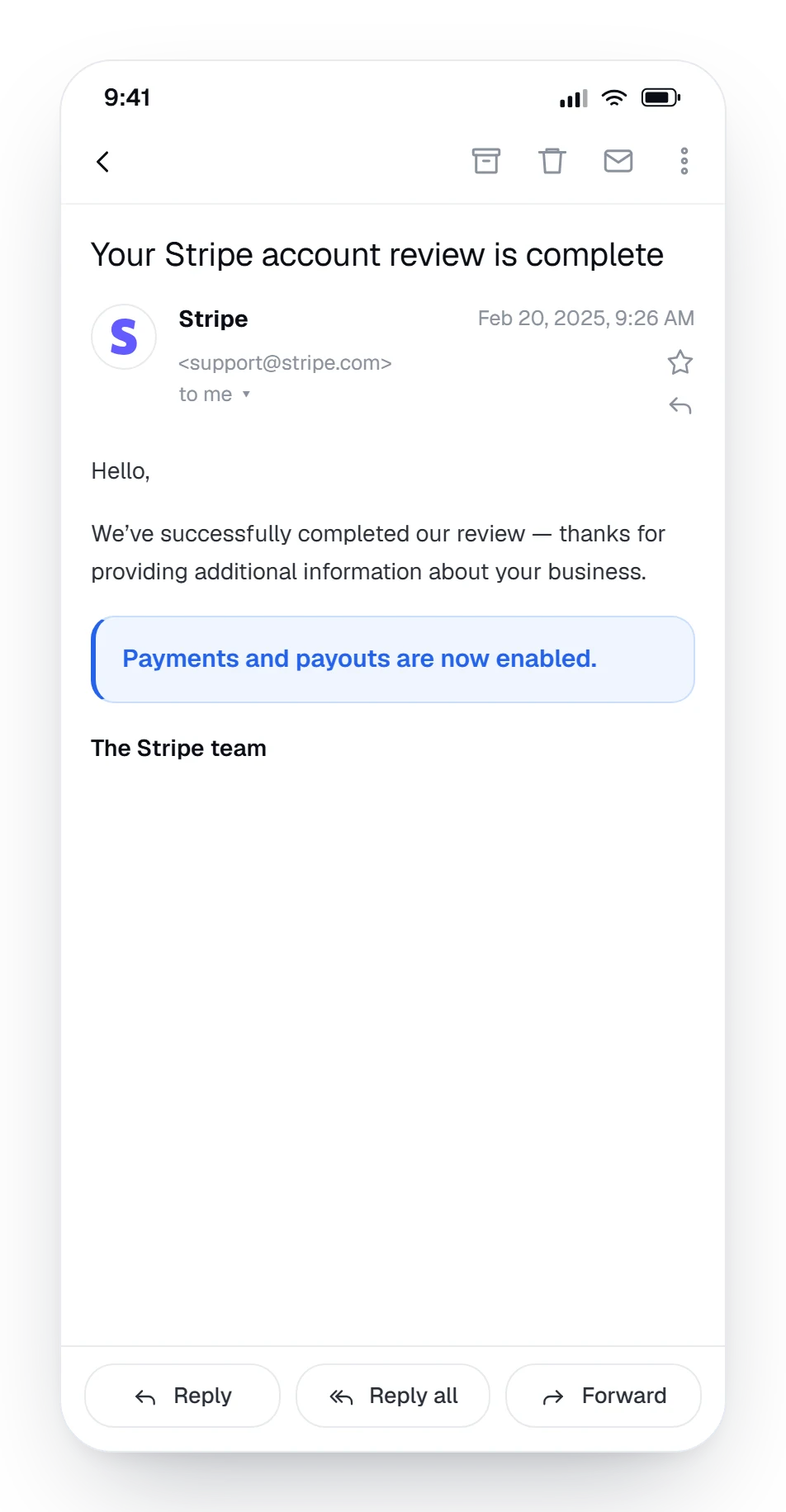Stripe email confirming the account review is complete and payouts are enabled