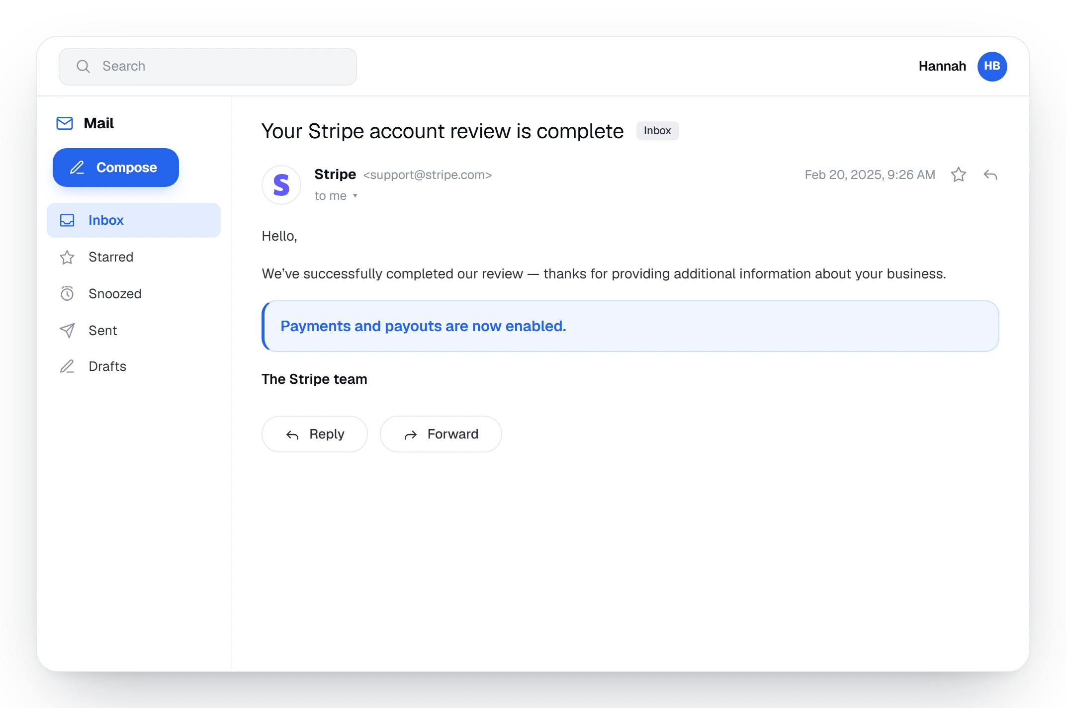 Stripe email confirming the account review is complete and payouts are enabled